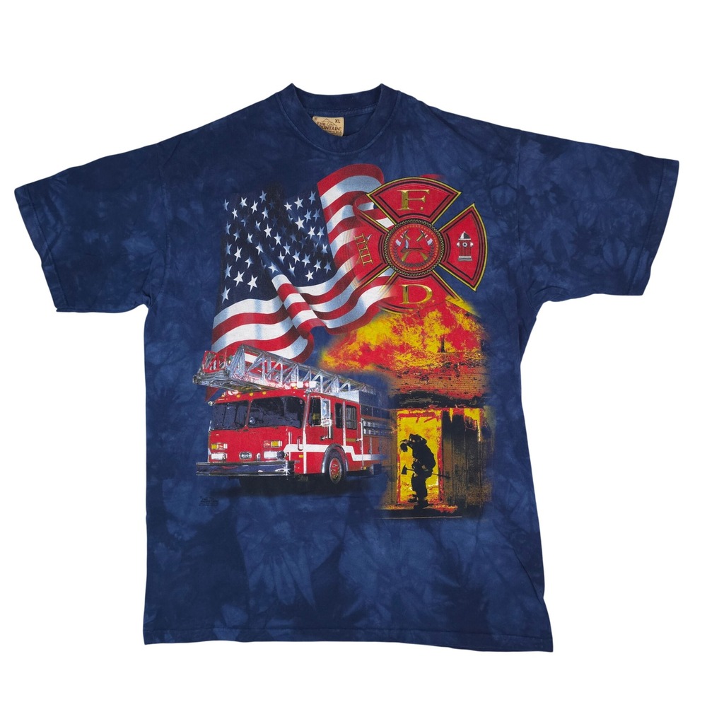 Vintage The Mountain Firefighter T-Shirt Mens XL Blue Tie Dye Patriotic USA Flag